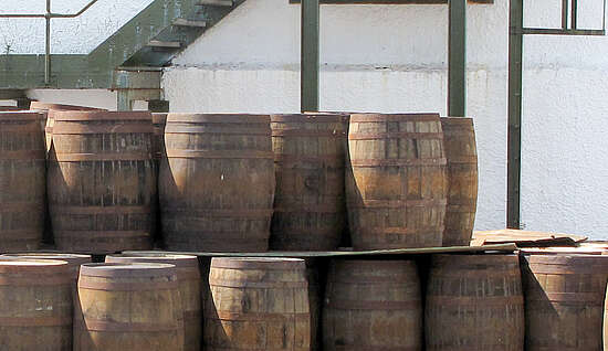 A Hogshead among smaller Bourbon Barrels