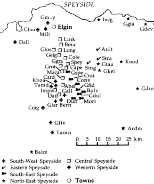 Abb. 2: Karte der Speyside mit Positionen der Brennereien (unterteilt in 6 von 11 Gruppen)